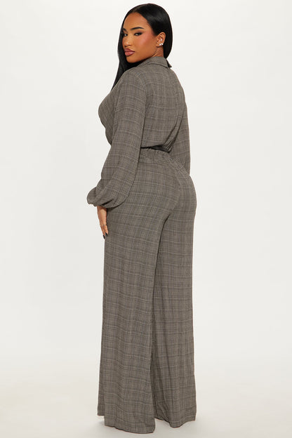 Angela Plaid Belted Jumpsuit - Black/combo