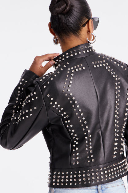 Worldwide Faux Leather Studded Moto Jacket - Black