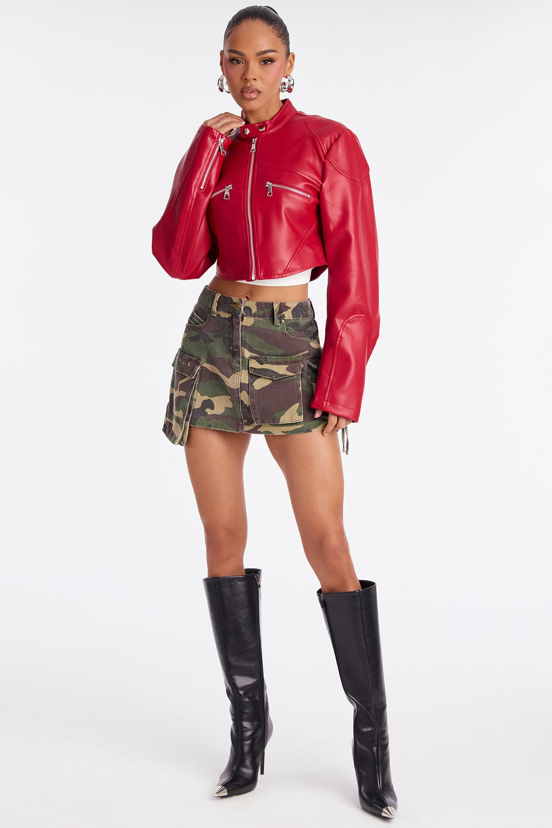 Mina Cropped Faux Leather Moto Jacket - Red