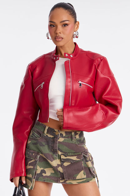 Mina Cropped Faux Leather Moto Jacket - Red