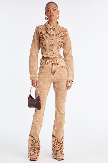 Letting It Ride Embellished Stretch Denim Jacket - Brown