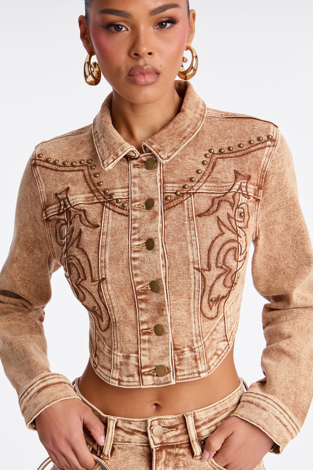 Letting It Ride Embellished Stretch Denim Jacket - Brown