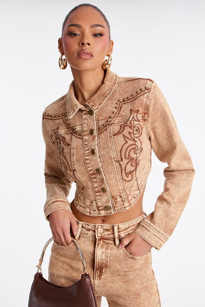 Letting It Ride Embellished Stretch Denim Jacket - Brown