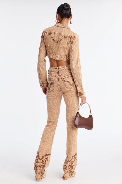 Letting It Ride Embellished Stretch Denim Jacket - Brown