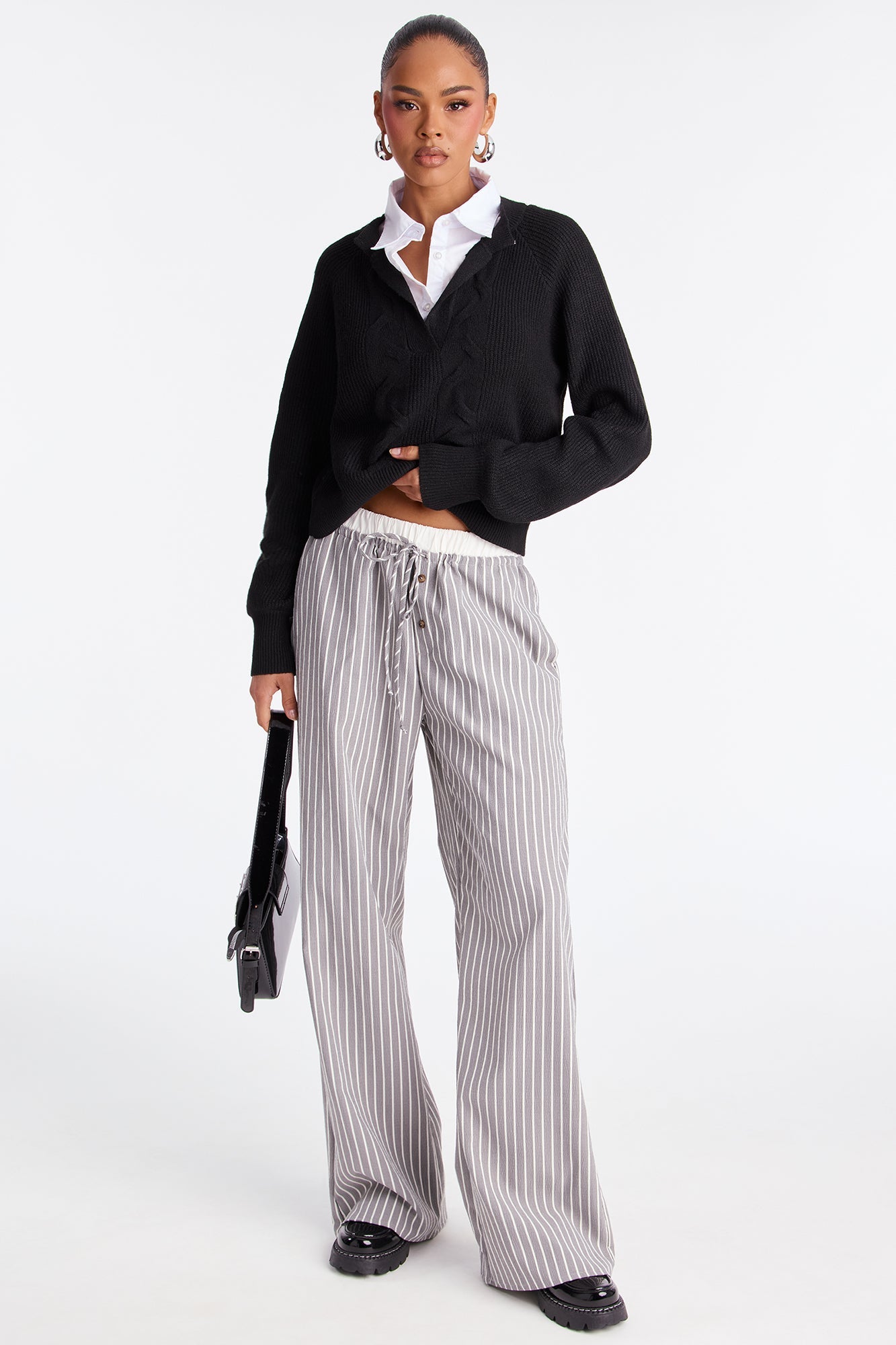 Samantha Wide Leg Contrast Waistband Boxer Pant - Black/White