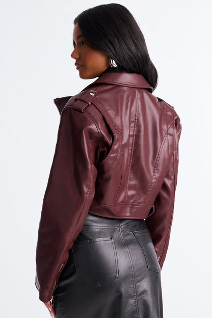 Total Drama Cropped Moto Jacket - Burgundy