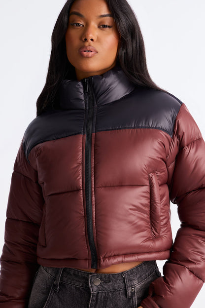 Cant Phase Me Contrast Puffer Jacket - Brown/combo