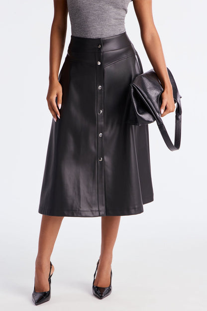 Harper Button Up Faux Leather Tea Midi Skirt - Black