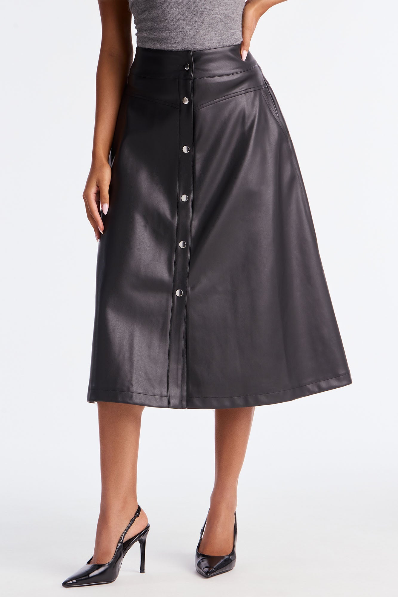 Harper Button Up Faux Leather Tea Midi Skirt - Black