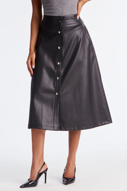 Harper Button Up Faux Leather Tea Midi Skirt - Black