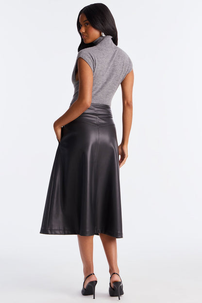Harper Button Up Faux Leather Tea Midi Skirt - Black