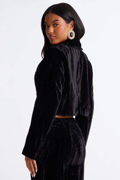Keep You Wondering Cropped Velvet Blazer - Black
