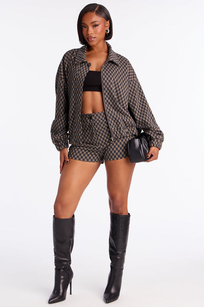 Lorena Plaid Knit Jacket Short Set - Grey/combo