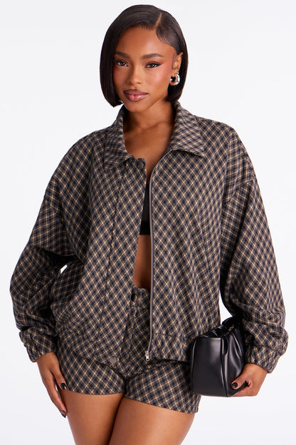 Lorena Plaid Knit Jacket Short Set - Grey/combo