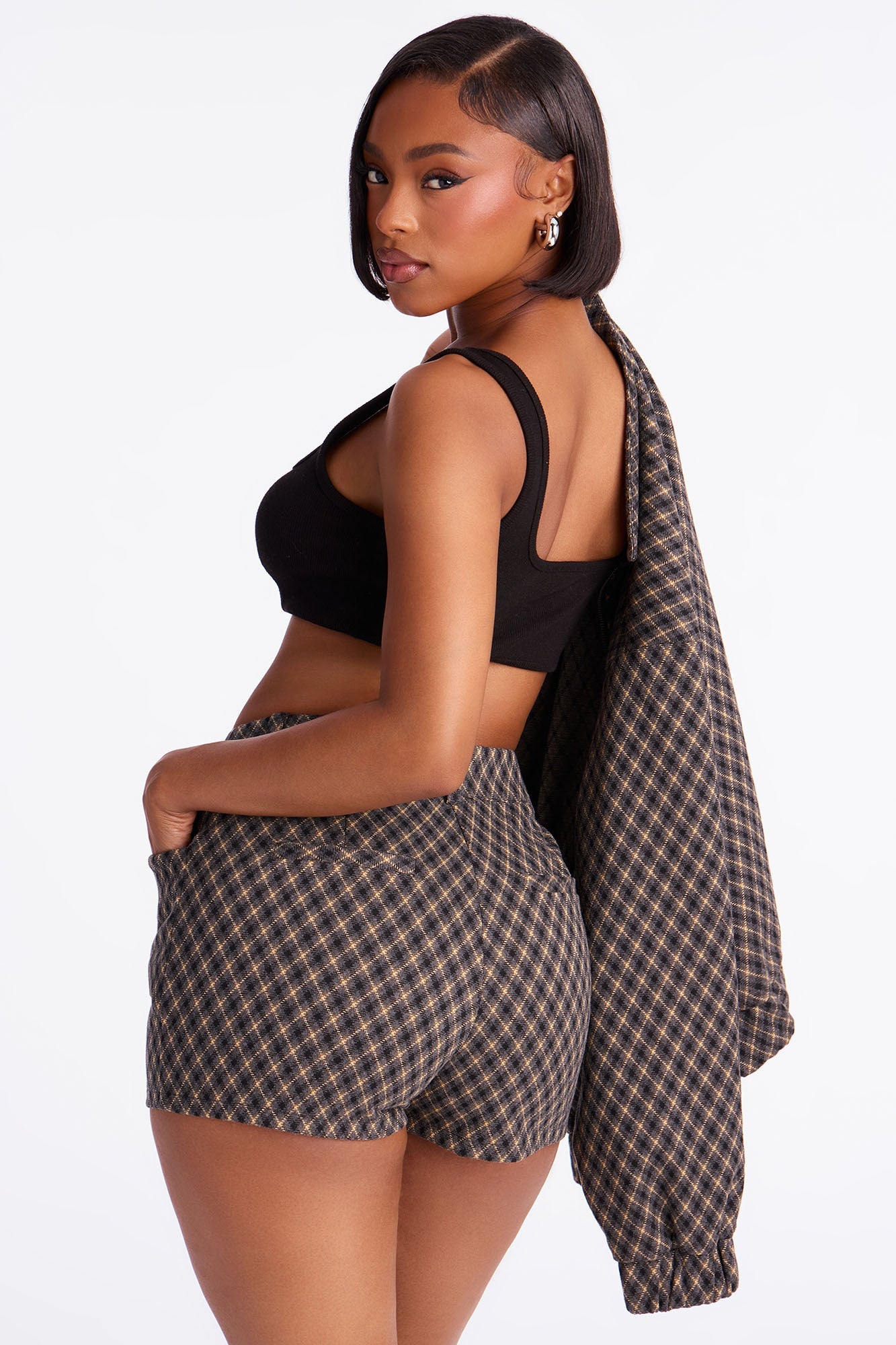 Lorena Plaid Knit Jacket Short Set - Grey/combo