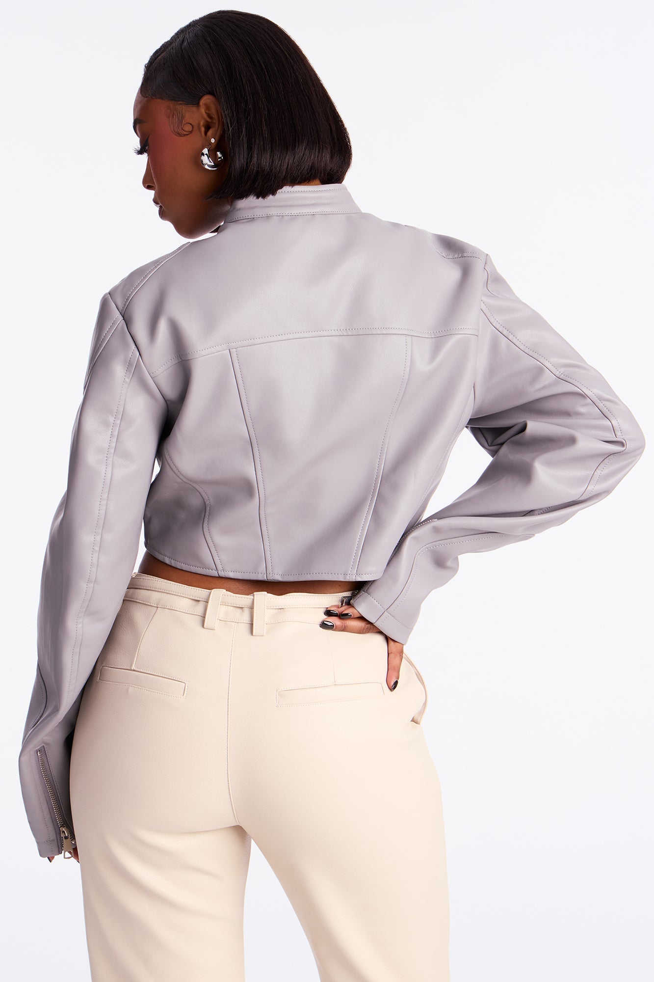 Mina Cropped Faux Leather Moto Jacket - Grey