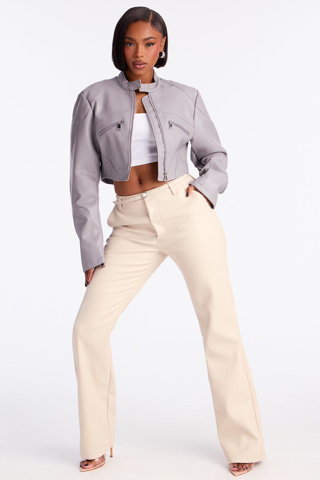 Mina Cropped Faux Leather Moto Jacket - Grey