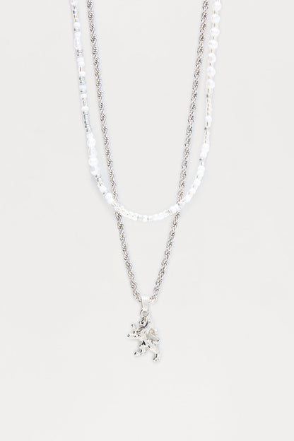 Lion Pendant Beaded Necklace Set - Silver/Combo