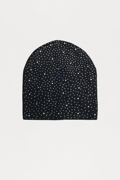 Rhinestone Skull Fit Knit Beanie - Black