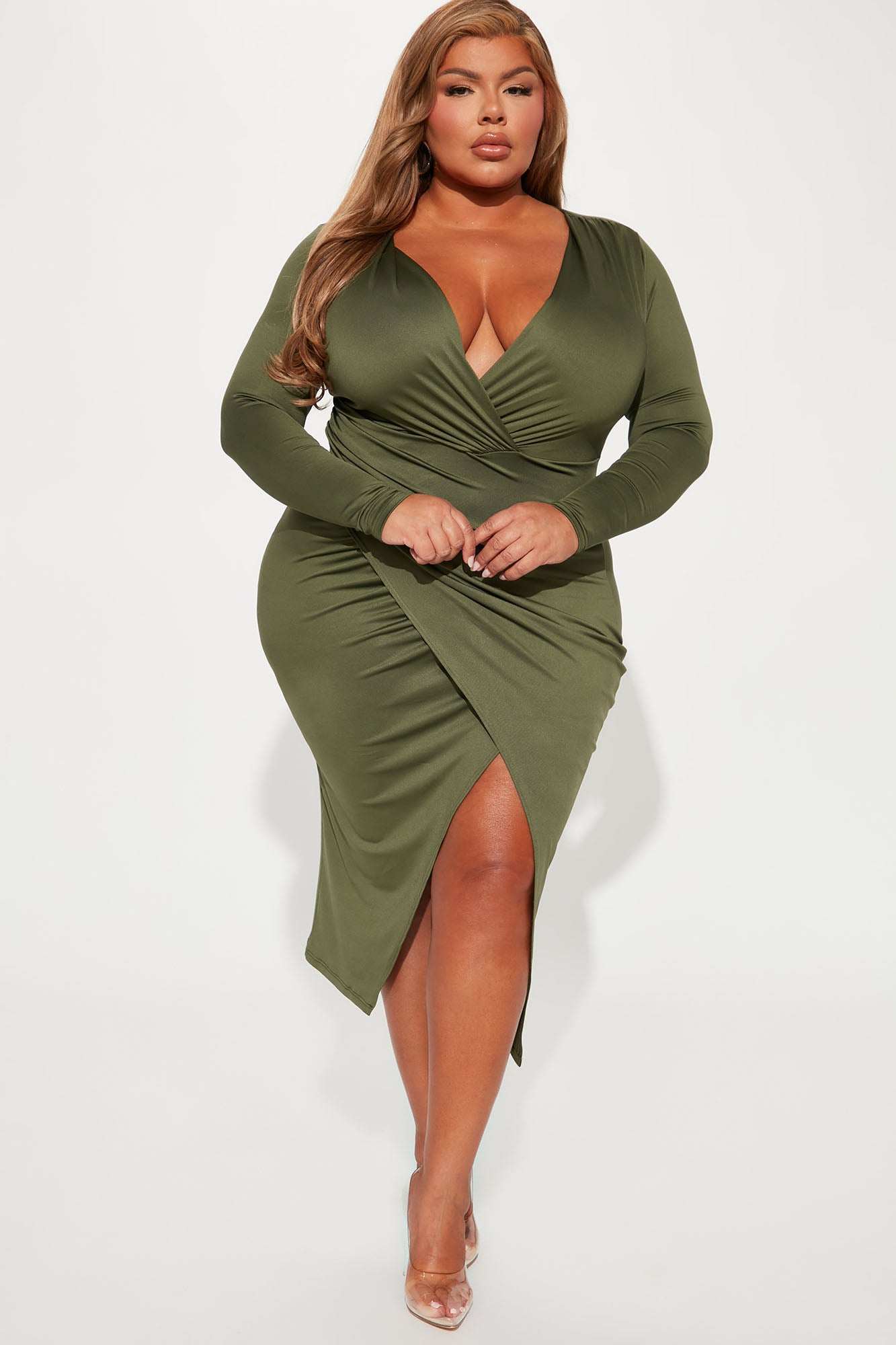 Eyes On Me Ruched Midi Dress - Olive