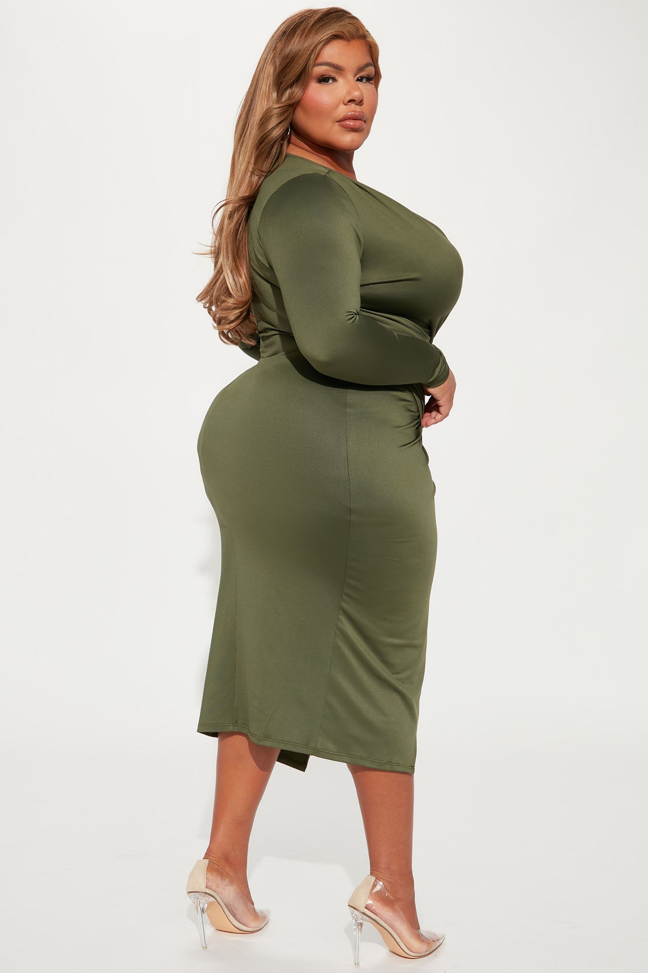 Eyes On Me Ruched Midi Dress - Olive