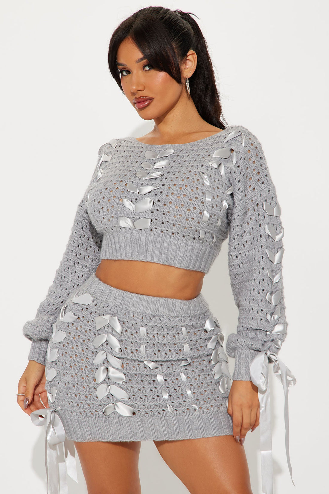 Sweet Darling Ribbon Sweater Skirt Set - Heather Grey