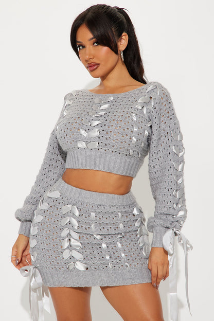 Sweet Darling Ribbon Sweater Skirt Set - Heather Grey