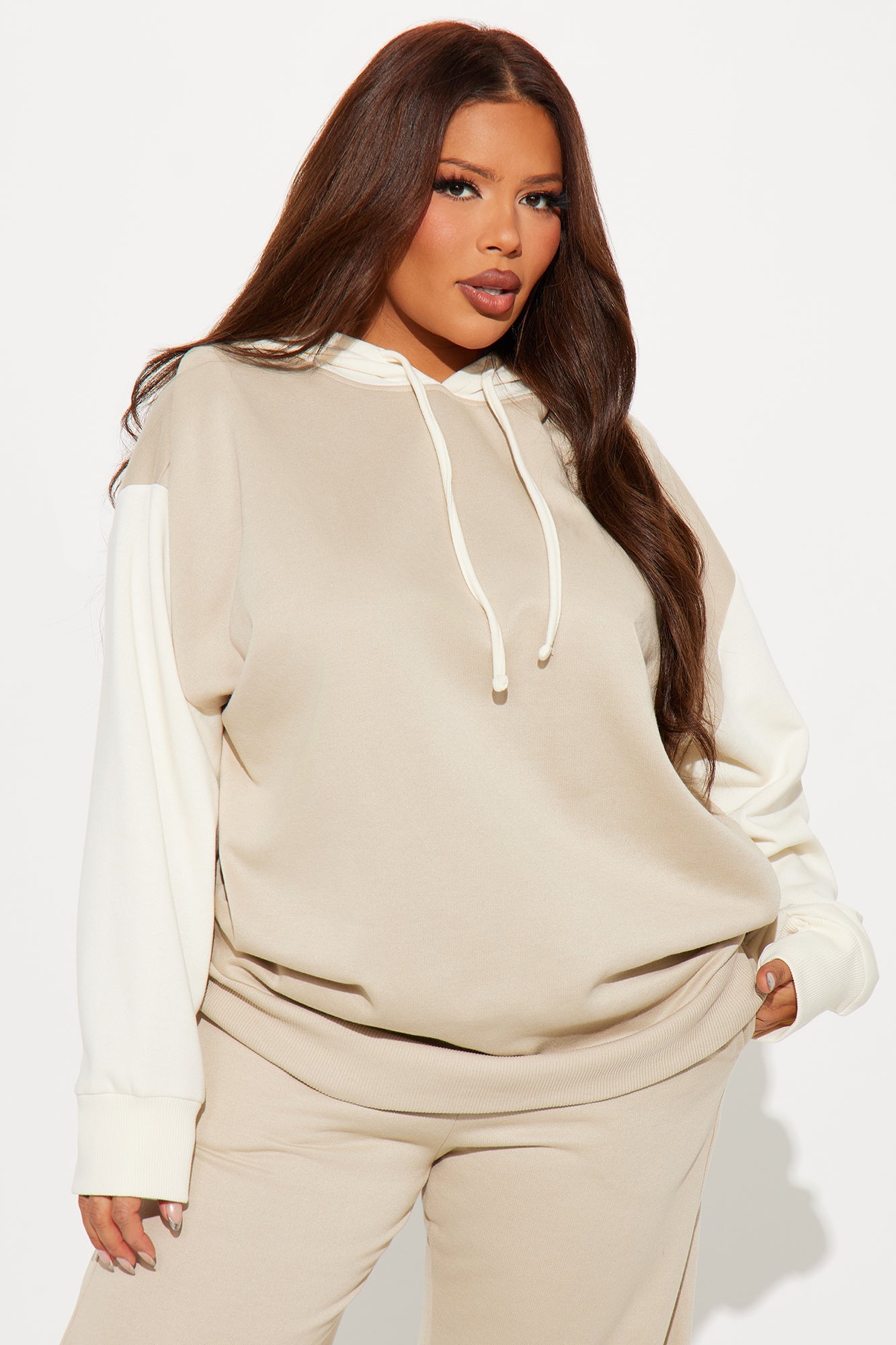 Alina Colorblock Fleece Pant Set - Taupe/combo