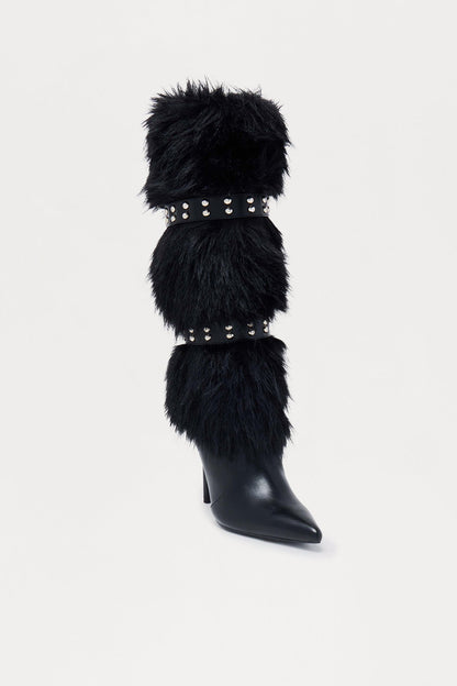 Cambridge Studded Faux Fur Boots - Black