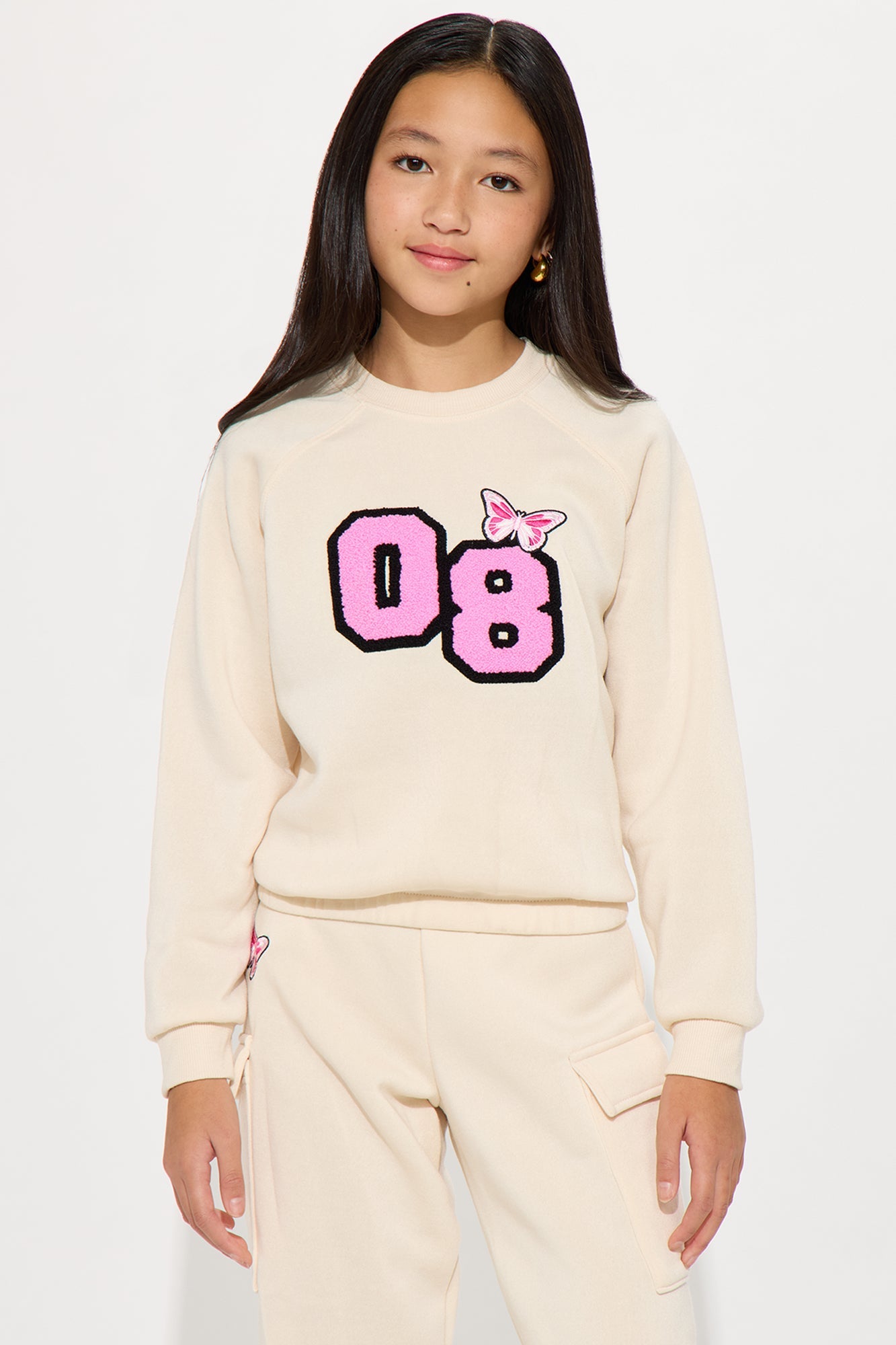 Mini Elisa Chenille Patch Sweatshirt And Jogger Pant Set - Tan