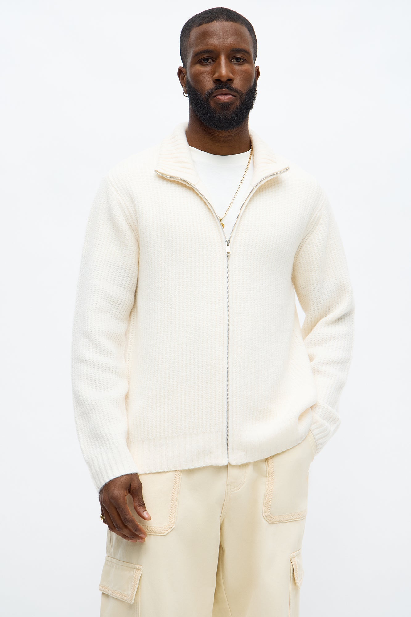 Oversized Willow Ribbed Zip Up Sweater - Cream