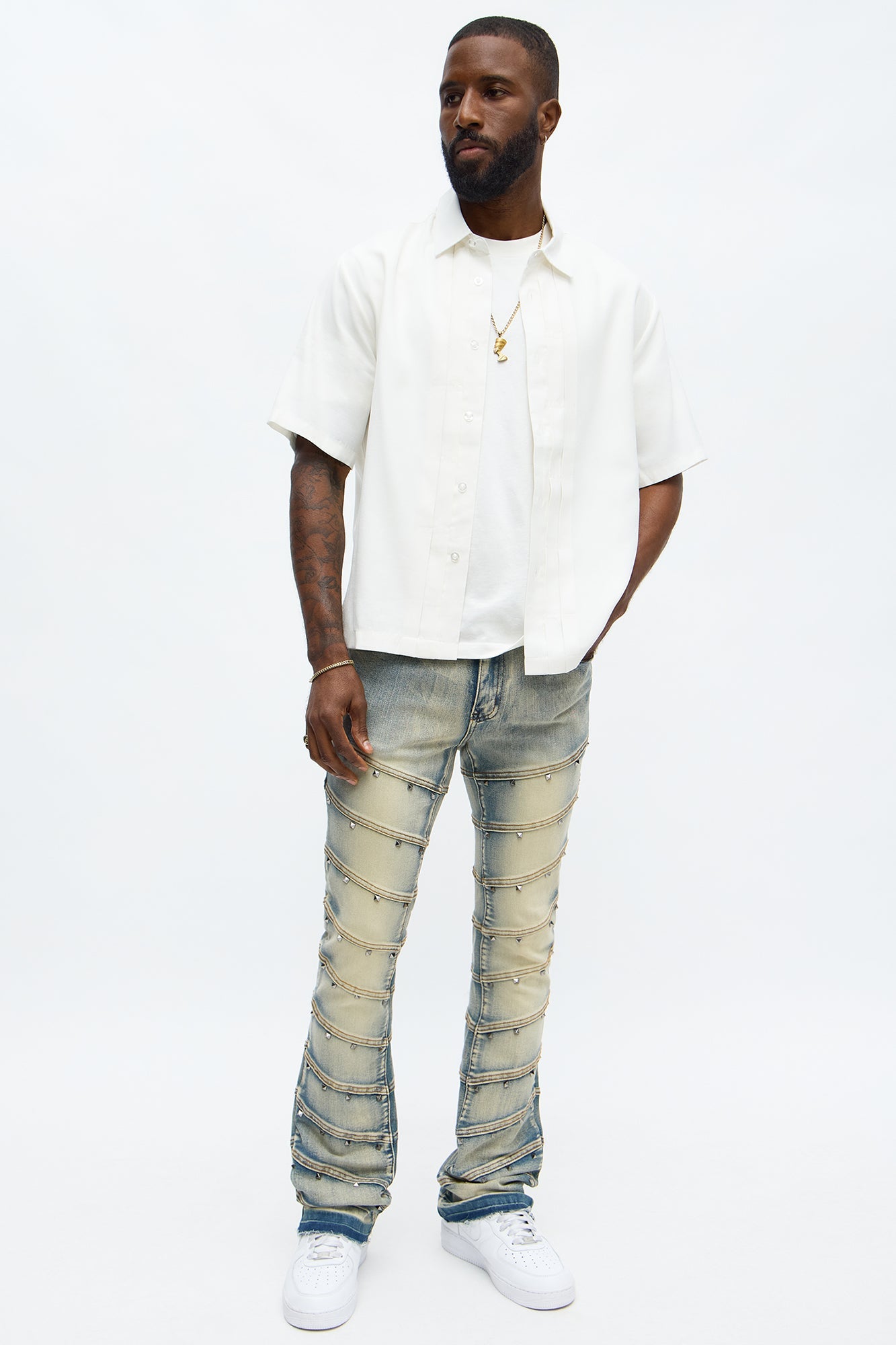 Stacked Skinny Flare Studded On Panels Jean - Vintage Blue Wash
