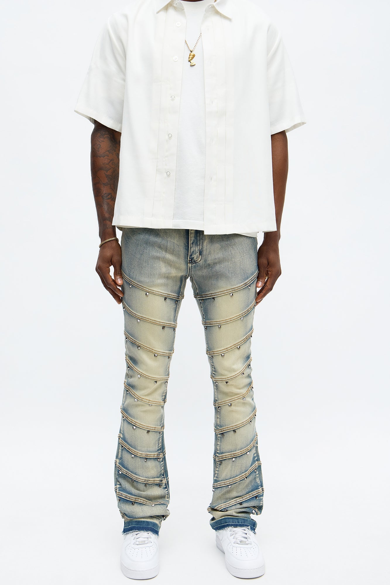 Stacked Skinny Flare Studded On Panels Jean - Vintage Blue Wash