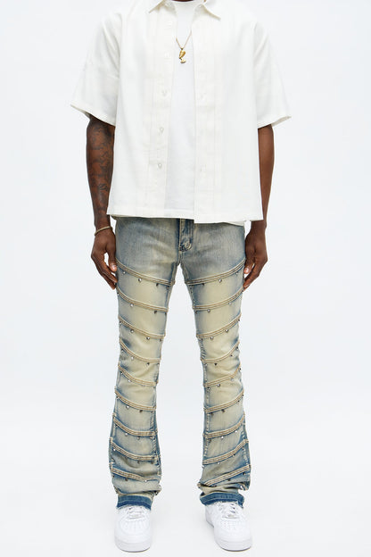 Stacked Skinny Flare Studded On Panels Jean - Vintage Blue Wash