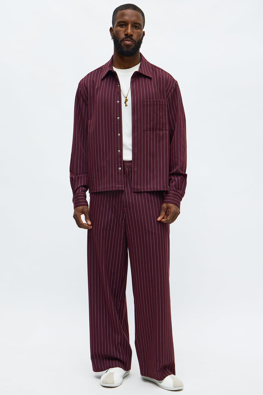Cropped Striped Button Up Shirt - Burgundy