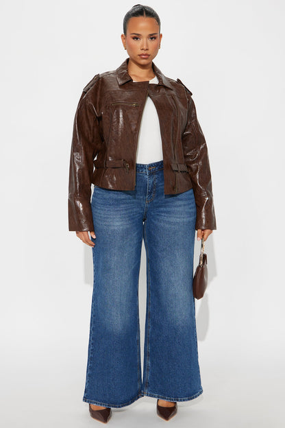 Denise Faux Leather Moto Jacket - Brown