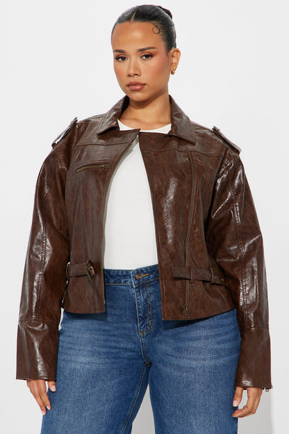 Denise Faux Leather Moto Jacket - Brown