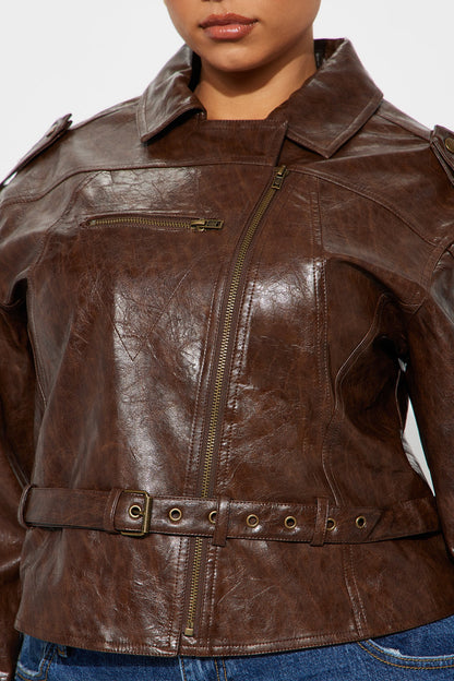 Denise Faux Leather Moto Jacket - Brown