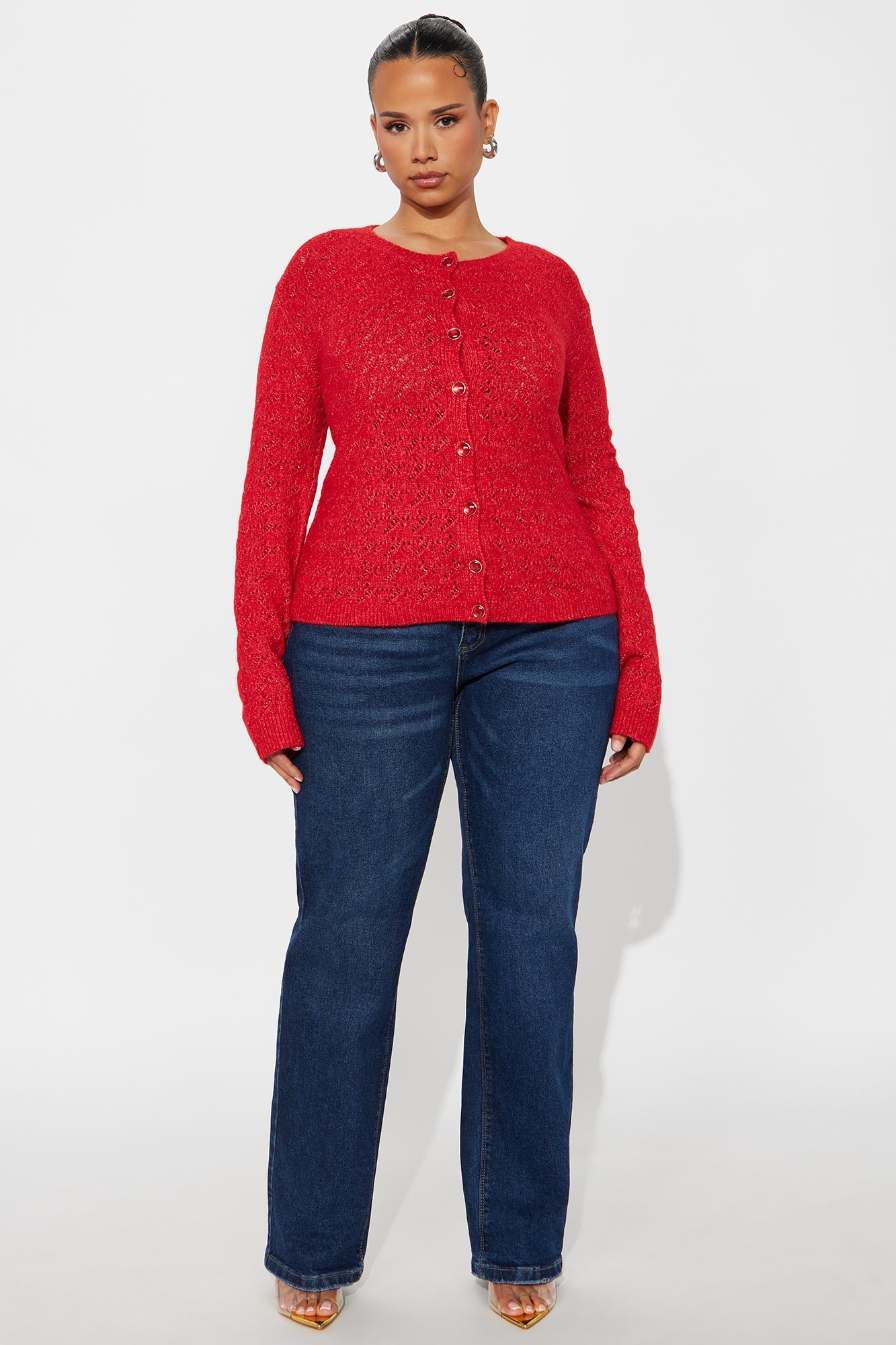 Aubrey Pointelle Cardigan Sweater - Red