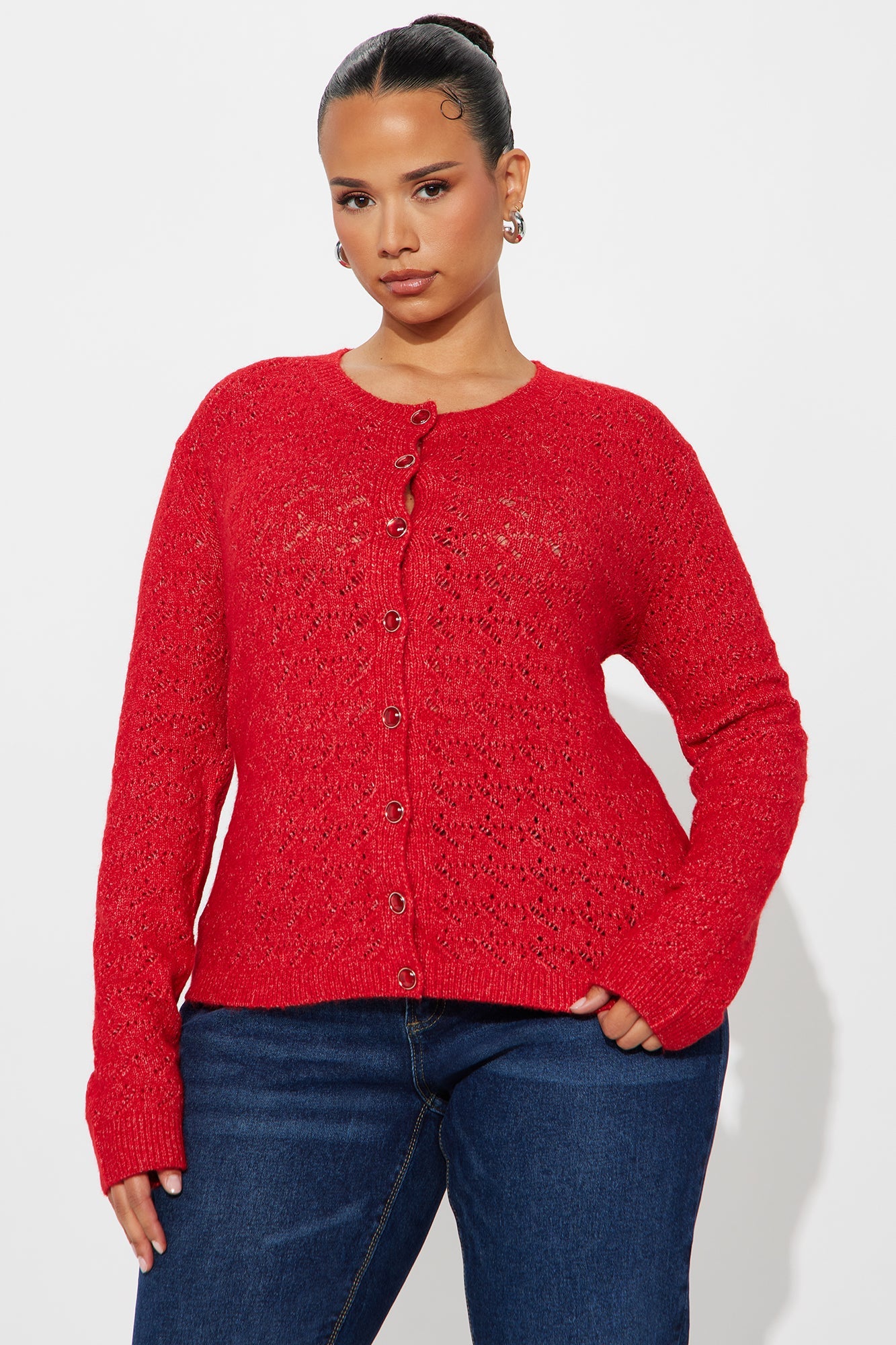 Aubrey Pointelle Cardigan Sweater - Red