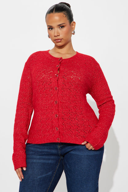 Aubrey Pointelle Cardigan Sweater - Red