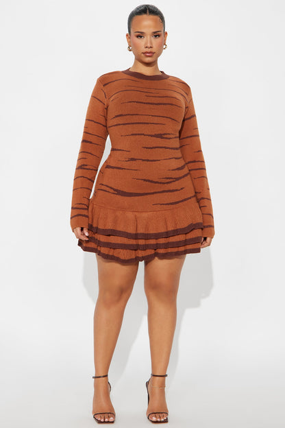 On The Prowl Animal Print Sweater Mini Dress - Cognac