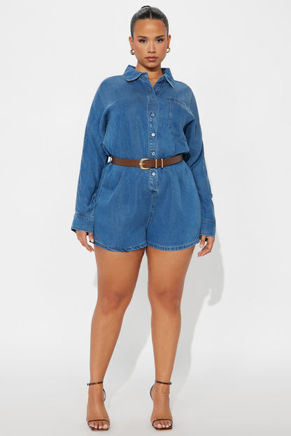 Dariela Belted Romper - Medium Wash