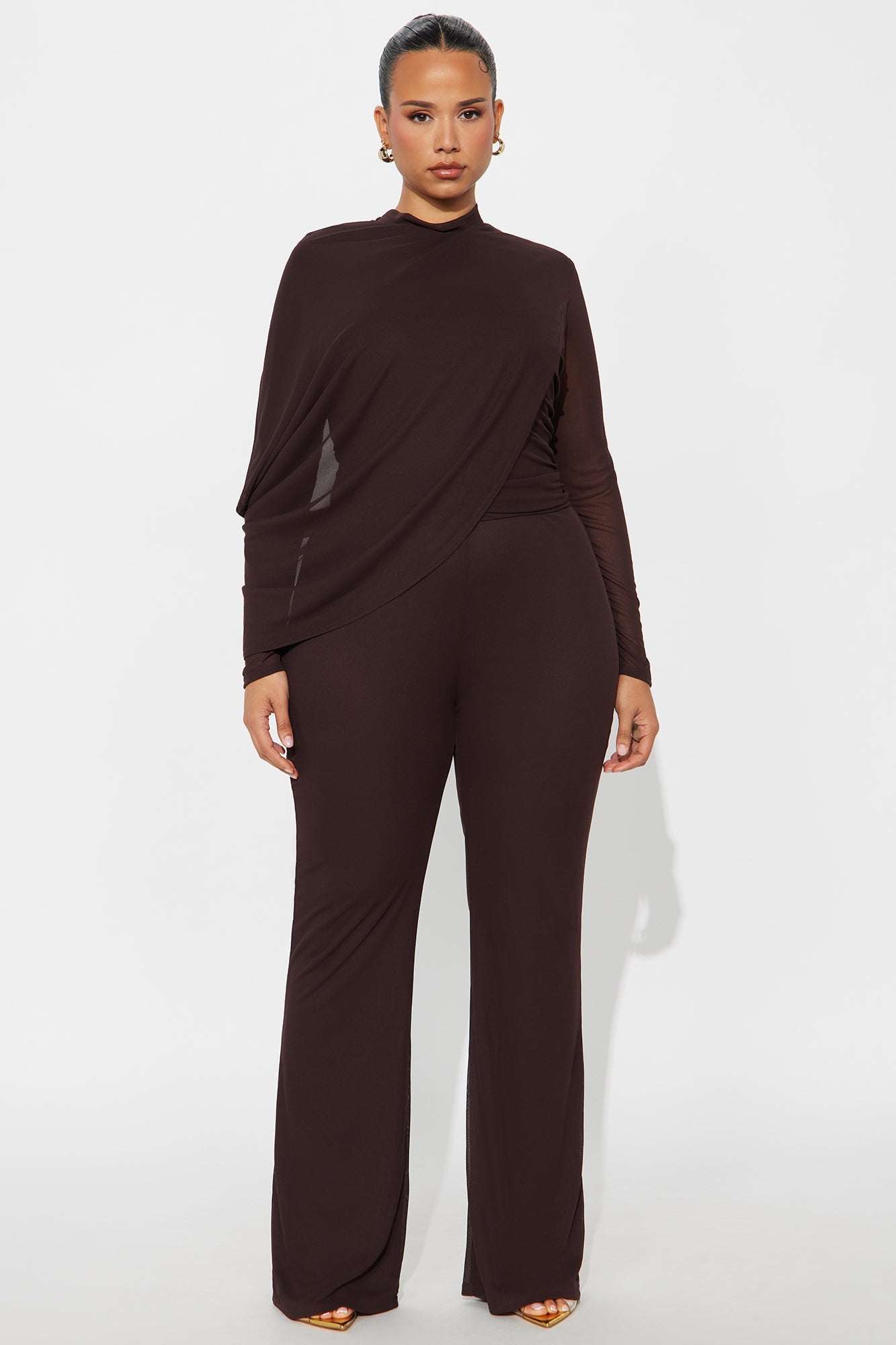 Livia Draped Long Sleeve Jumpsuit - Dark Brown