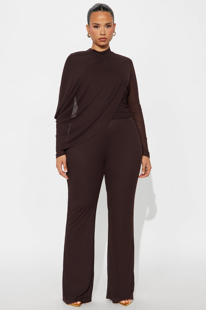 Livia Draped Long Sleeve Jumpsuit - Dark Brown