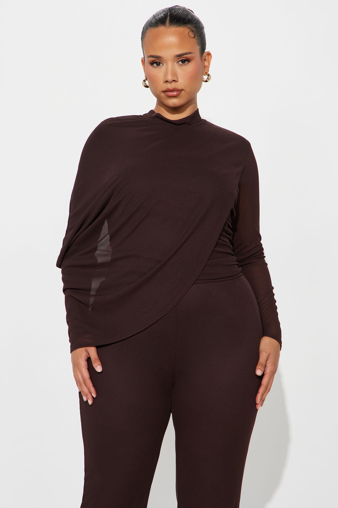 Livia Draped Long Sleeve Jumpsuit - Dark Brown