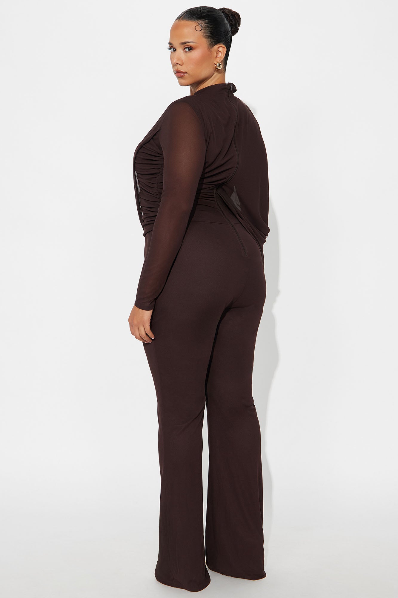 Livia Draped Long Sleeve Jumpsuit - Dark Brown