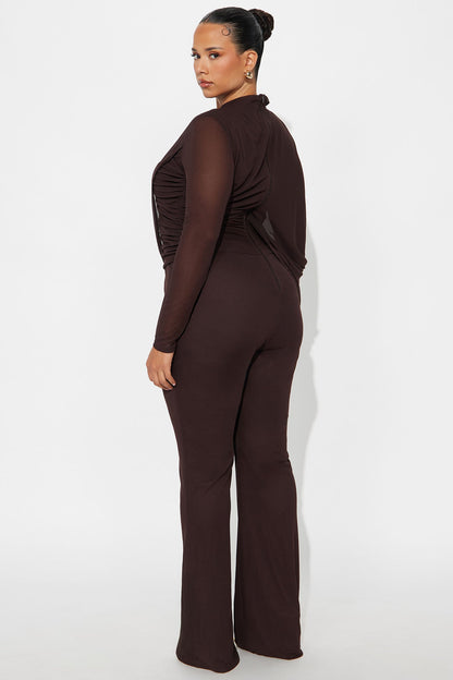 Livia Draped Long Sleeve Jumpsuit - Dark Brown