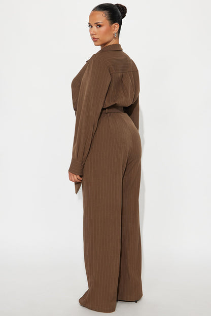 Important Thoughts Pinstripe Jumpsuit - Brown