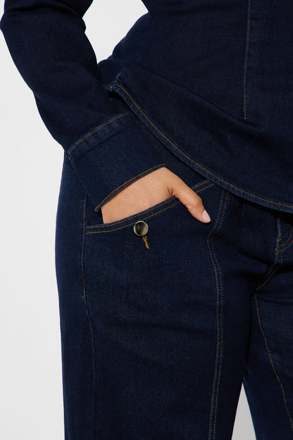 Brooke Puff Sleeve Jacket Denim Pant Set - Dark Wash